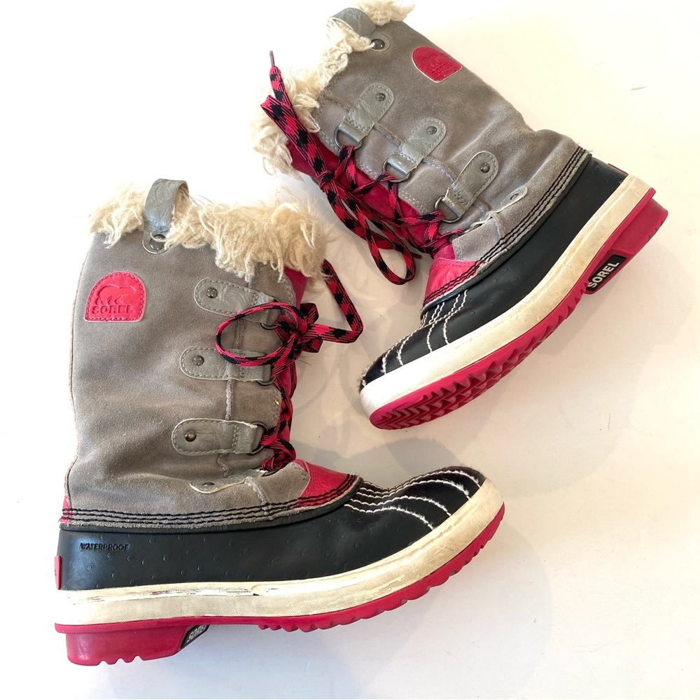SOREL Youth 4 Gray Pink Tofino Lace Up Waterproof Faux Fur Lined Winter Boots